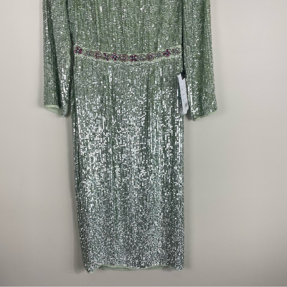 Mac Duggal Floral Beaded Dress Women 4 Sequins Tea Length Sage Green Long Sleeve - Picture 8 of 13